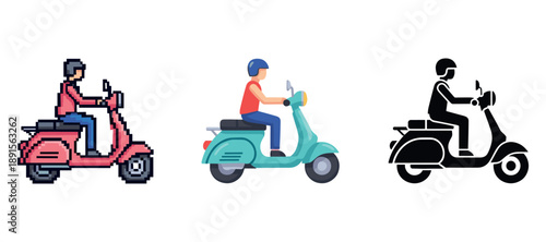 Pixel art, flat design, and silhouette of scooter riders
