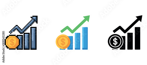 Set of trendy graph icons with dollar coins and upward arrows indicating growth