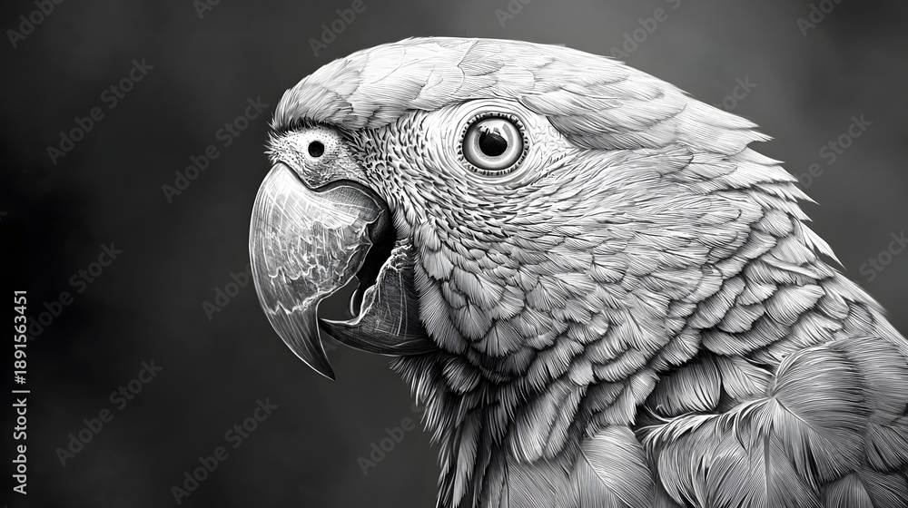 Fototapeta premium Parrot artistic bird illustration monochrome pencil sketch image
