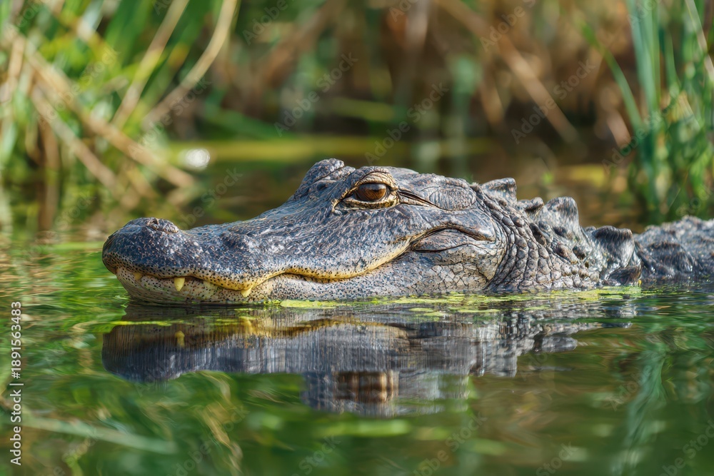 Fototapeta premium Wild alligator peeking through ripples in a tranquil wetland setting