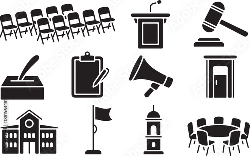Black and white icons of government and meeting symbols