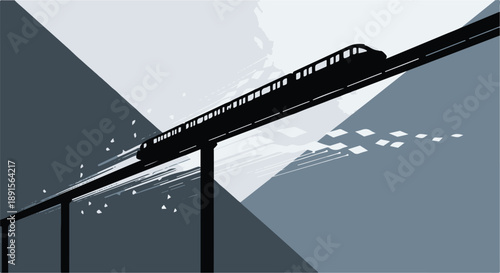 Train travels quickly along elevated tracks against mountain backdrop at dusk Ai Generated