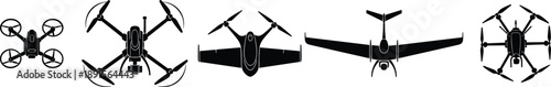 Drone and UAV Silhouette Collection Featuring Quadcopters and Fixed Wing Drones, Modern Aerial Technology Vector Icons in Black and White Isolated on White Background