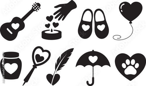 Collection of heartthemed icons with various objects