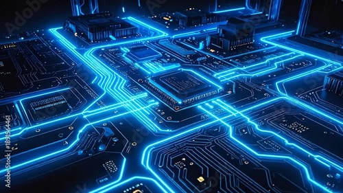 Illuminated digital circuit board showing processors and glowing blue pathways, with a dark background