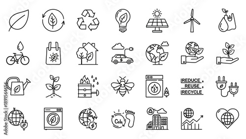 Collection of Simple Line Eco Friendly Icons.