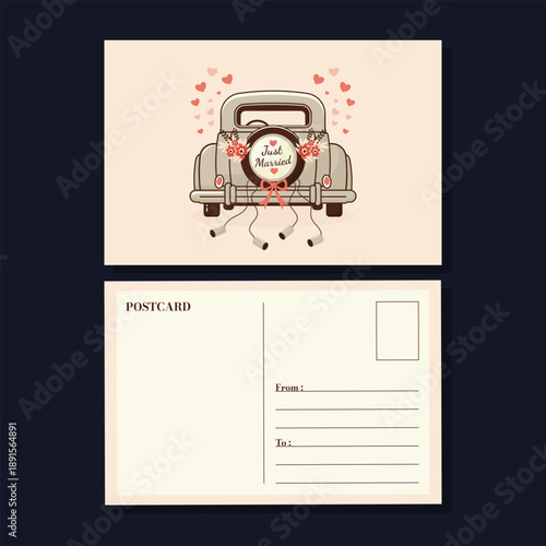 Wedding invitation postcard with vintage car just married text and hearts decoration.