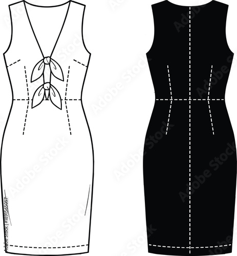 Technical fashion illustration of sleeveless fitted dress front and back view, V-neckline, leaf detail, darts, seams - flat vector illustration