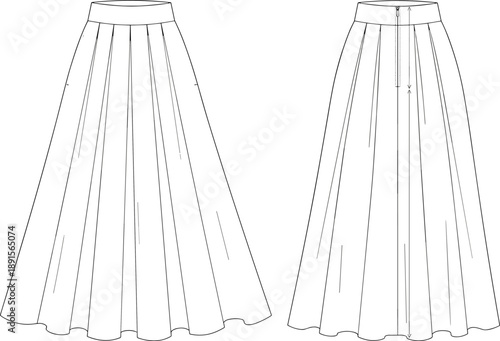 Technical fashion illustration of pleated skirt front and back view, waistband, zipper closure, flared hem – flat vector design