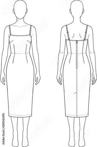 Technical fashion illustration of fitted sleeveless midi dress front and back view, straps, seams, zipper - flat vector illustration