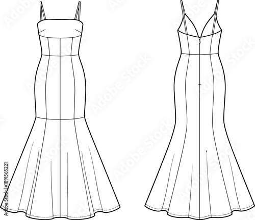 Technical fashion illustration of mermaid dress front and back view, sweetheart neckline, flared hem, zipper closure – flat vector design