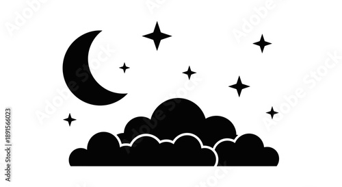 Crescent Moon and Stars over Clouds at Night Sky Silhouette vector icon