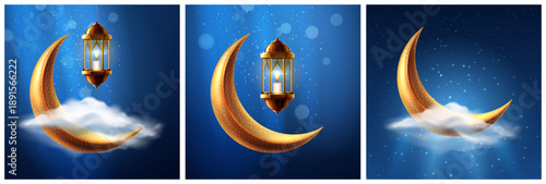 Ramadan night landscape with crescent moon in sky with clouds. Vector mist with glowing lantern with lit candle. Traditional Islamic elements for festive, religious and holiday greeting cards