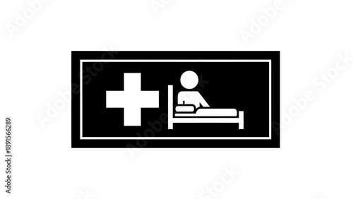 Hospital Sign with Patient on Bed Icon Isolated on Black Background
