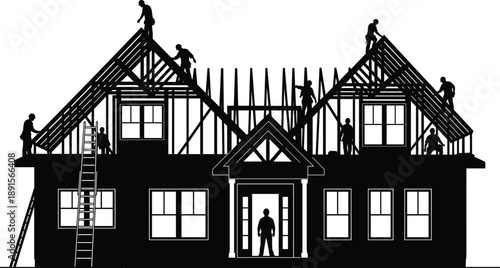 House Construction Silhouette with Workers Building Roof Structure, Home Renovation Process, Residential Architecture Framework, Teamwork in Real Estate Development and Building Industry Concept