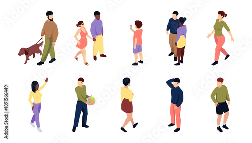 People walking in park. Vector couples, individuals and man with dog. Outdoor leisure and human activity. Pedestrians walking. Male and female characters in motion. Direction and urban rhythm