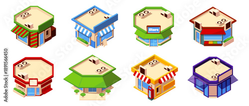 Street small shops with awnings and signage, panoramic windows and vending machines. Vector isolated buildings with canopies and greenery. Urban retail of city life and commerce. Real estate