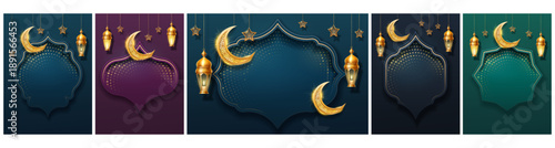 Arabic decorative frames with golden glitter accents. Vector borders with crescent moons and stars, glowing lanterns and candles. Traditional Islamic ornaments. Greeting cards and spiritual projects
