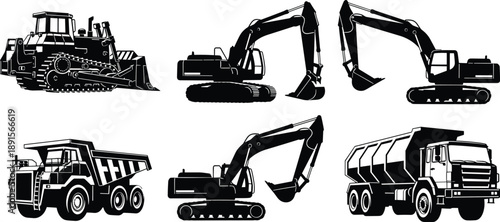 Heavy Construction Machinery Silhouette Set Featuring Bulldozer, Excavator and Dump Truck Equipment, Black Industrial Vector Illustration for Engineering, Mining, Roadwork and Construction 