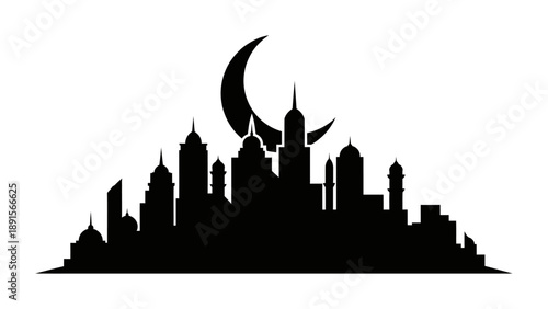 Islamic City Skyline Silhouette with Crescent Moon and Star at Night vector icon