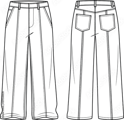 Technical fashion illustration of wide-leg pants front and back view, patch pockets, belt loops, yoke seam – flat vector design