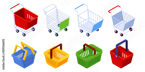 Shopping cart and shopping basket in different types and designs. Vector isometric plastic and metal trolleys and holders with single and double handles. Supermarket and store interface elements