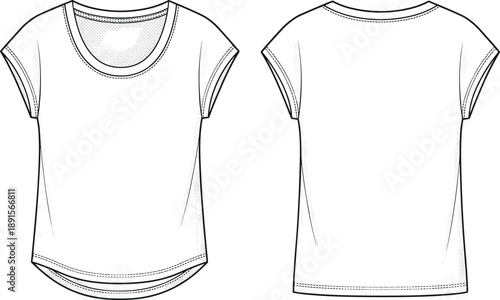 Technical fashion sketch of short-sleeved women’s t-shirt with scoop neckline, curved hem, stitching details, front and back views for design reference