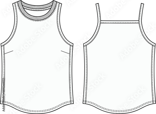 Technical fashion sketch of sleeveless tank top with rounded neckline, curved hem, seam details, front and back views for garment design reference