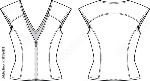 Technical fashion sketch of sleeveless top with deep V-neckline, inset panel, zipper closure, princess seams, front and back views for design reference