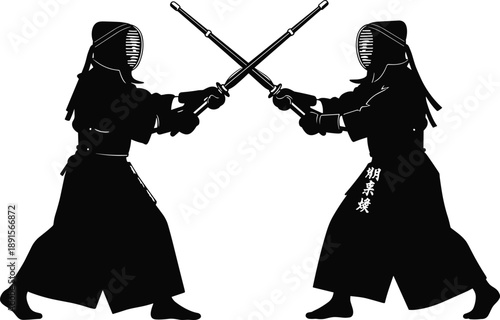 Japanese Kendo martial arts silhouette featuring two fighters in traditional bogu armor with bamboo shinai swords practicing combat for sports culture and competition project.