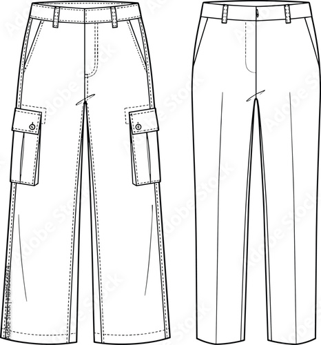 Technical fashion sketch of wide-leg cargo pants and straight-leg trousers with pockets, belt loops, seam details, front views for design reference