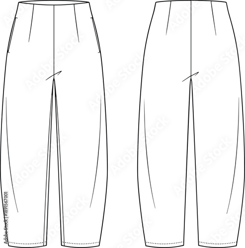 Technical fashion illustration of tapered pants front and back view, pleated waist, side pockets, center seams – flat vector design