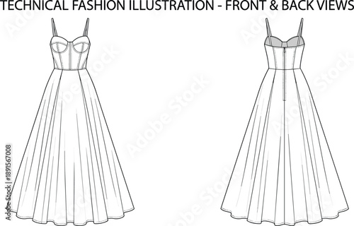Technical fashion illustration of structured cup dress front and back view, shoulder straps, paneled skirt, zipper - flat vector illustration