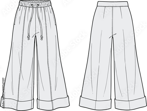 Technical fashion illustration of wide-leg pants front and back view, drawstring waistband, side pockets, cuffed hem - flat vector illustration