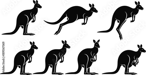 Kangaroo Silhouette Set Showing Jumping, Standing and Carrying Joey Poses, Black Vector Australian Wildlife Collection for Nature, Animal and Safari Design Isolated on White Background