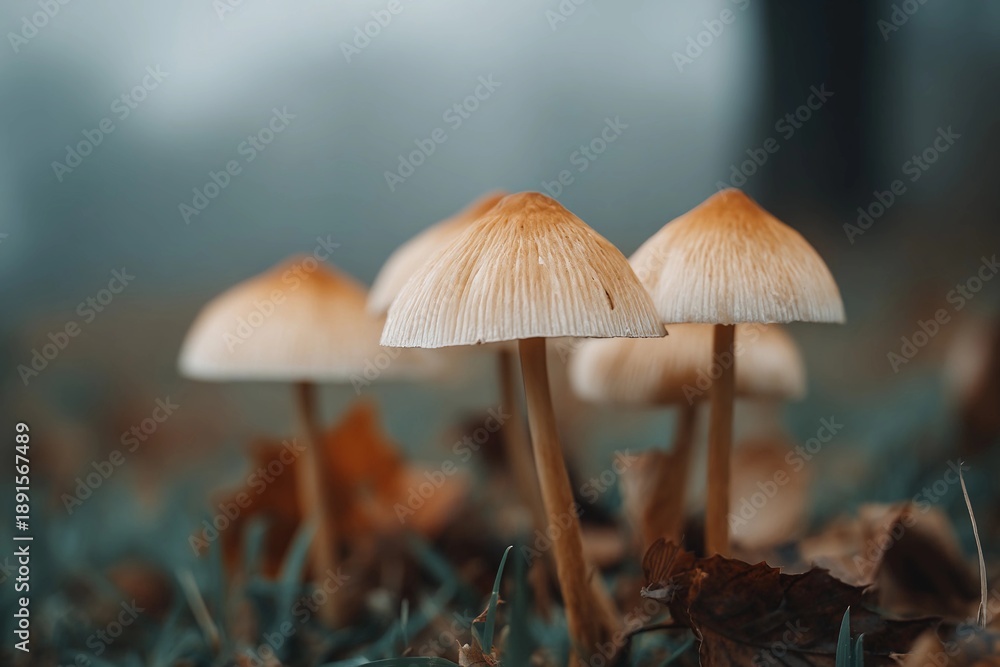 Fototapeta premium Mushrooms growing on the forest floor in autumn