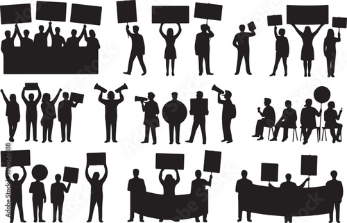 Silhouettes of protestors holding signs and banners
