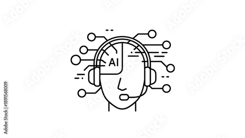 Modern line icon representing artificial intelligence communication, virtual assistant technology, and human machine interaction. The design shows a stylized human head with headset and connected circ