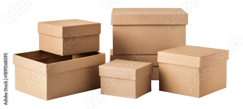 Assorted light beige cardboard boxes of varying sizes and shapes.  Stacked and arranged, showcasing different box styles.  Simple, neutral color scheme