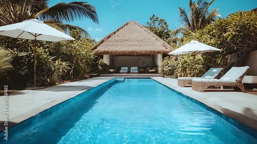 Wallpaper Mural Sunny Day at a Beautiful Tropical Villa with Private Pool and Relaxing Loungers. Torontodigital.ca