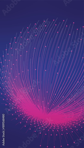 Abstract illustration of pink particles emanating from a central point on a dark blue background.
