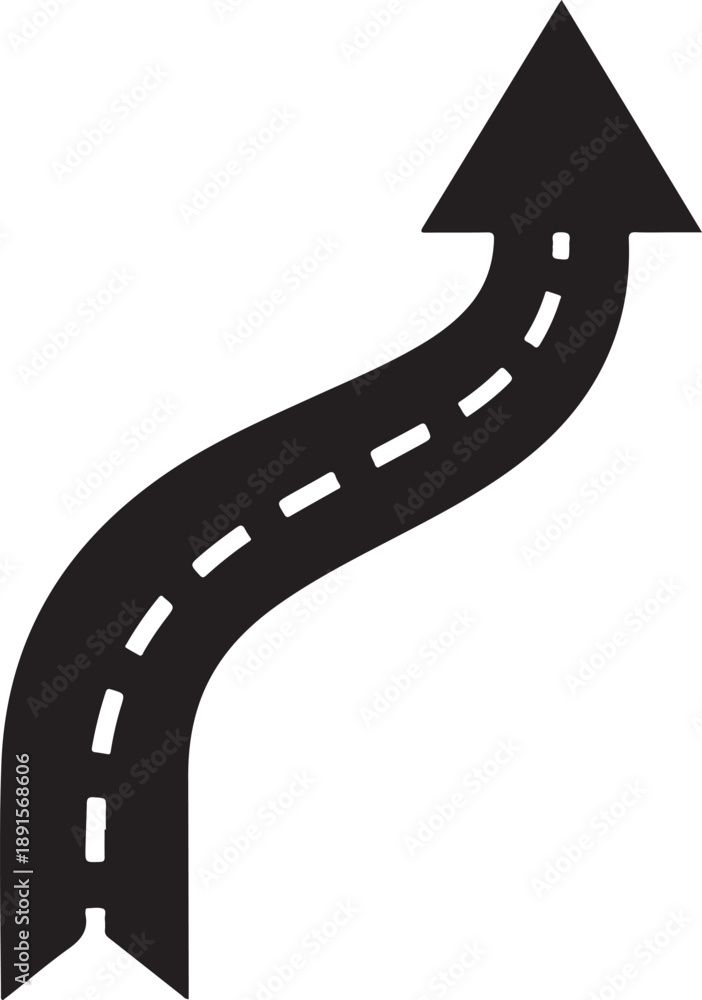Fototapeta premium Curved road with arrow pointing upwards indicating direction and progress