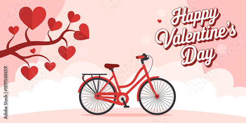 Happy Valentines Day Card with Red Bicycle and Hearts