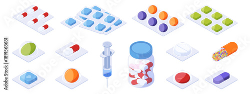 Pills and capsules in different shapes. Vector isolated isometric round and square shaped tablets, medicine bottle and syringe. Pharmaceutical products, medical supplies and healthcare