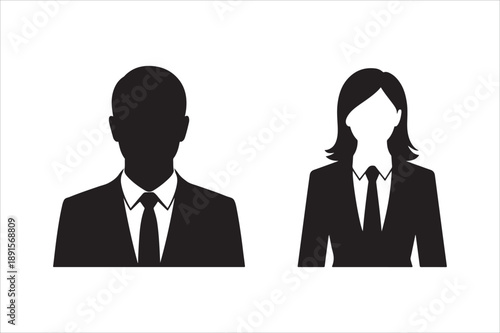 Black silhouettes of business man and woman in formal attire on white background