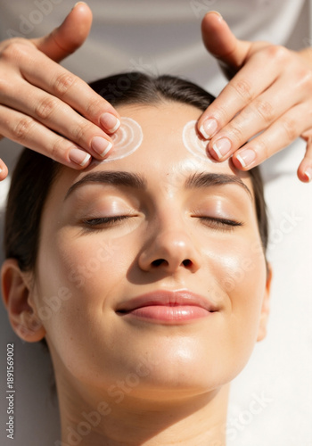 Young woman receiving a facial treatment with soothing cream applied to her forehead, hands gently massaging her skin, creating a serene and relaxing spa atmosphere