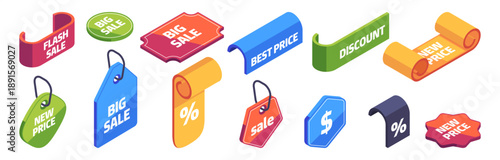 Tag labels set with Discount, Flash and Big sale, Best and new Price. Vector isolated stickers with percentage and dollar symbols representing product pricing, retail promotion and commerce