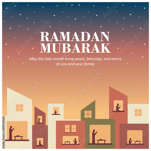 Ramadan Kareem illustration of people praying in windows of a modern neighborhood at sunset