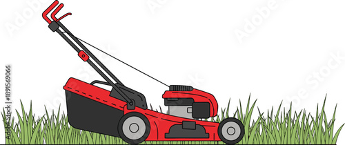 Red Lawn Mower Cutting Green Grass Illustration, Garden Maintenance and Landscaping Equipment Concept, Modern Outdoor Yard Care Machine Vector Isolated on White Background