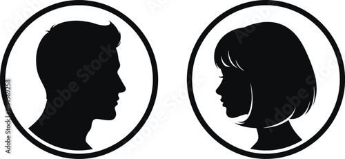 Black silhouettes of man and woman in oval frames black and white silhouettes, man, woman, oval frames, black and white, profiles, side views, hair, faces, headshots, simple minimalistic, monochromati